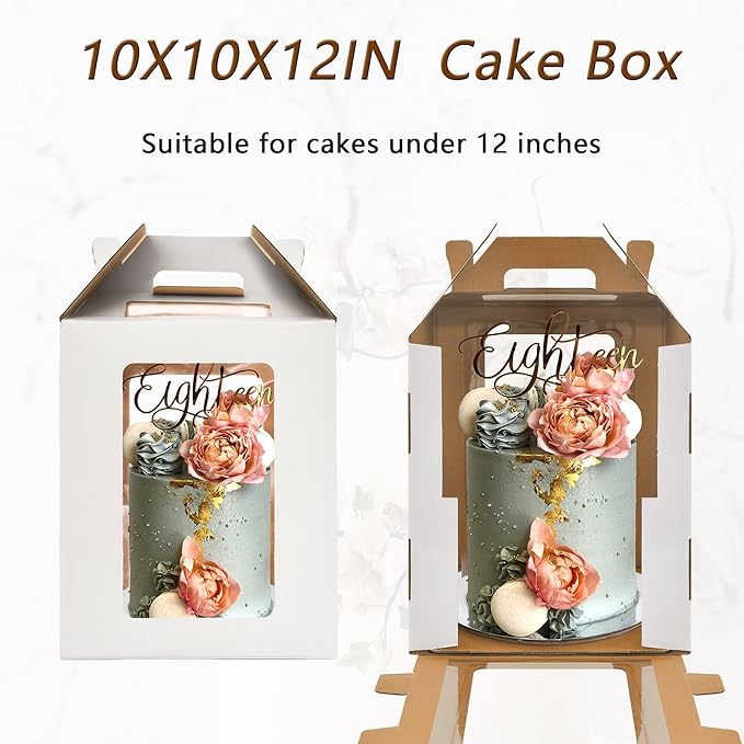 3 Pack Tall Cake Boxes for Tier Cakes,10x10x12 Inches Large Tiered Cake Carriers with Windows,8in 10in Disposable Layer Tall Baking boxes with Handle for Birthday,Wedding,Party