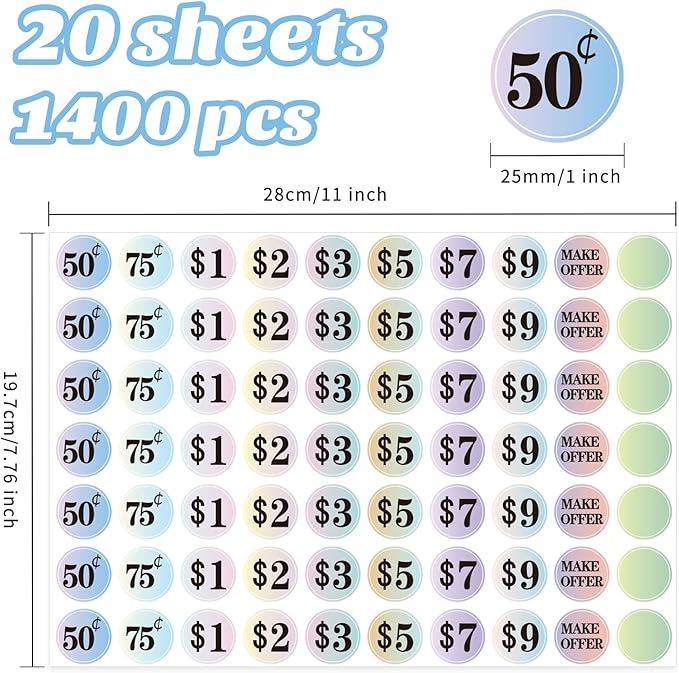 Starboling Garage Sale Stickers - 1400 Pcs, 1 Inch Small Yard Flea Market Pre-Printed Gradient Color Price Stickers