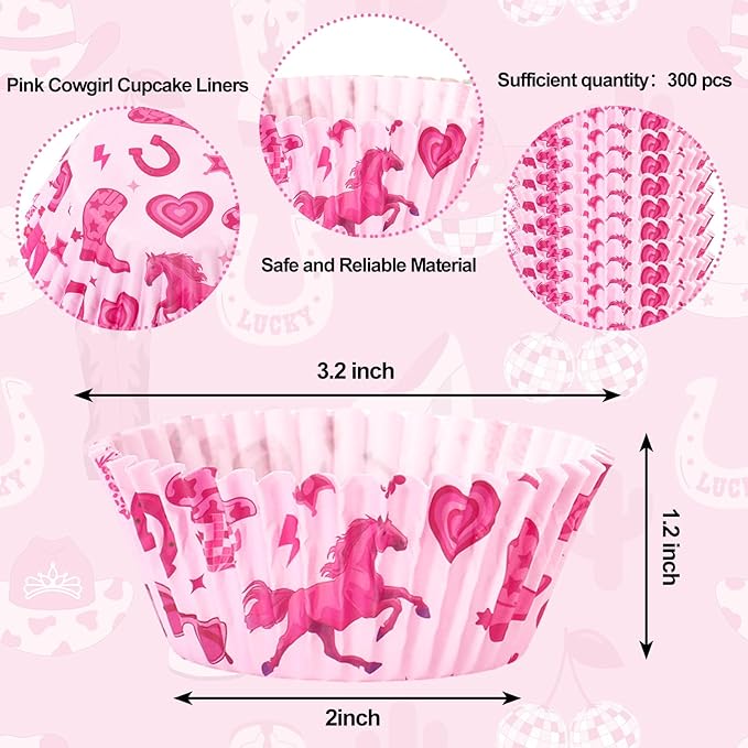 300 Pcs Western Cowgirl Cupcake Liner Paper Baking Cups Pink Horse Disco Ball Muffin Liner Cake Storage Container for Rodeo Bachelorette Party Birthday DIY Crafts Supplies, 2 x 1.2 Inch