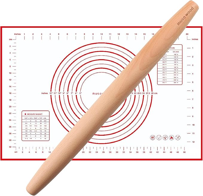 Muso Wood French Rolling Pin and Silicone Baking Mat Set, 15.75 Inch Beech Wood Tapered Rolling Pin for Fondant Pie Crust Cookie Pastry