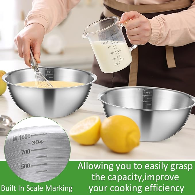 Honeydak 12 Pcs 304 Stainless Steel Mixing Bowls with Graduations, Salad Bowls Metal Serving Reusable Baking Food Storage Containers for Baking, Cooking, Salads, Soups, Ice Cream, Noodles (40 oz)