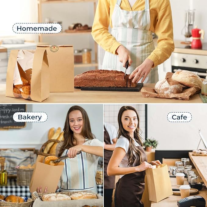 25 Pack Large Paper Sourdough Bread Bags for Homemade Gifting Bakery Bags with Window for Baked Food Packaging Storage Bags with Seal Stickers (11.8x8.2x3.5inch)