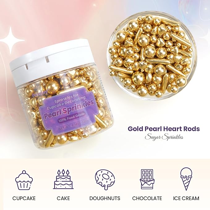 Edible Gold Pearl Heart Rods Sprinkles, Mix Size, Gold Pearl Sprinkles for Cake Decorating, Cupcake Topper Decorations, Wedding Party Christmas Supplies, 130g/4.58oz