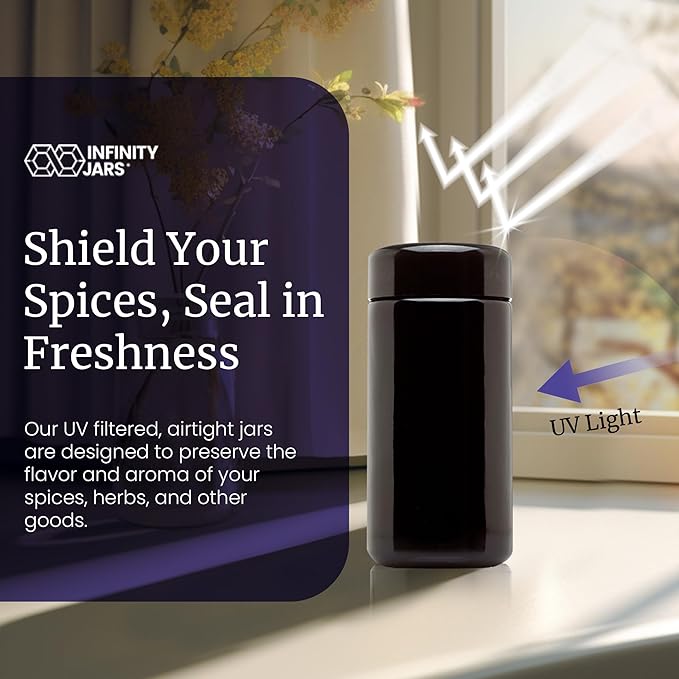 Infinity Jars Tall Screw Top Jar 200 Ml (6.7 fl oz), UV Black Glass Airtight Smell-Proof Container for Coffee, Tea, Dried Goods, Refillable Tall Jar for Long-Term Kitchen Storage Pack 10