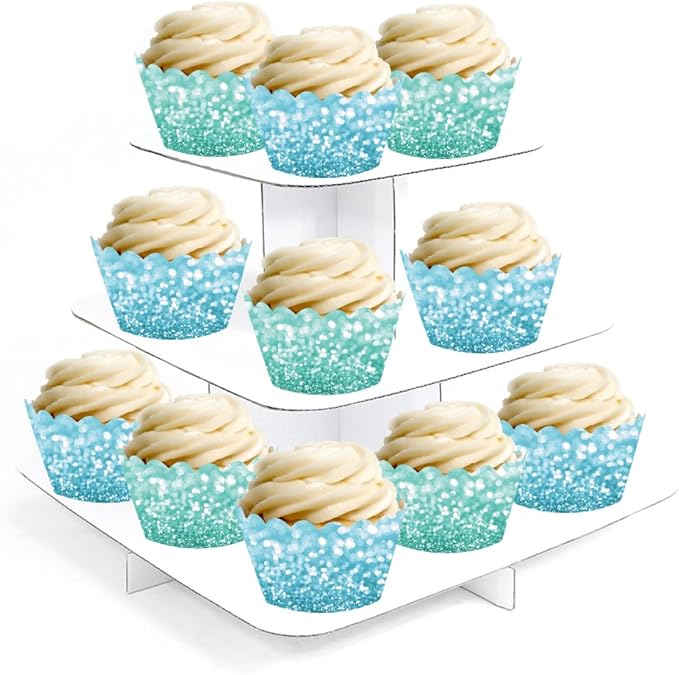 Andaz Press 24-Pack Faux Baby Blue and Aqua Glitter Cupcake Wrappers, Disposable, Cardstock, Ocean, Party, Social Gatherings and Celebrations