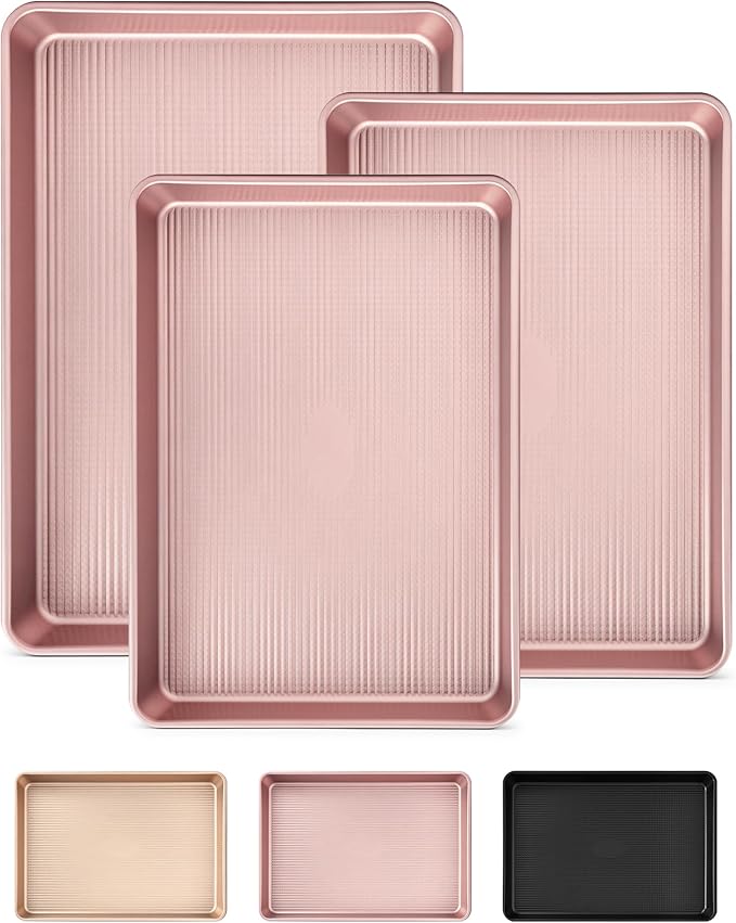 Saker nonstick baking sheet pan set,EvenHeat Baking Sheets Set of 2, Non-Stick Cookie Pan for Perfect Baking Results, Oven Safe Carbon Steel Bakeware (Pink)