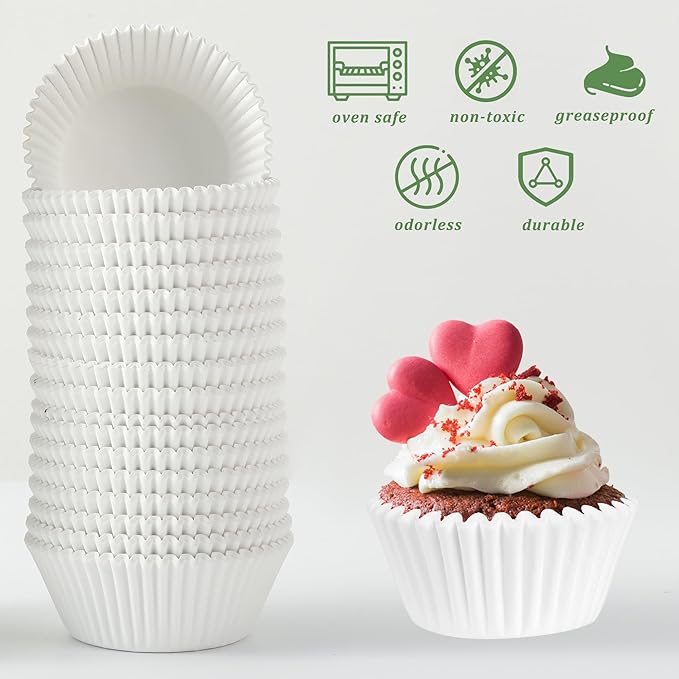 1000 Count White Paper Cupcake Liners, Standard Size 2 Inch, Unbleached Baking Cups for Muffins and Cupcakes (White, 2 Inch)