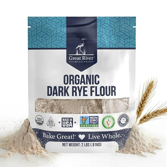 Great River Milling Organic Dark Rye Flour | Whole Grain, Non-GMO, Kosher, Unbromated | Earthy Flavor for Rye Bread, Sourdough Starter, Bagels, Crackers & Artisan Baking | 2 Lb