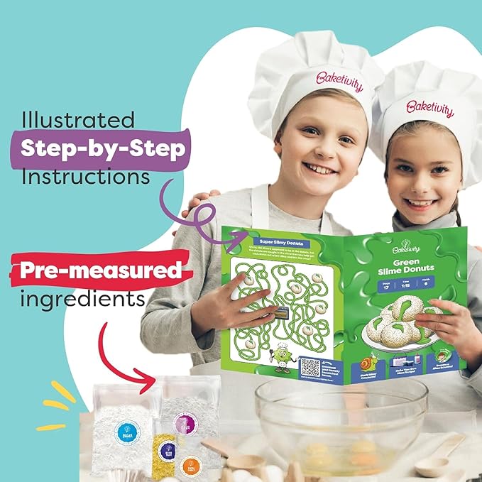 Baketivity Green Donut Kids Baking Kit | Edible Kit for Girls & Boys Ages 6-12 | DIY Donut Slime Baking Kit and Kids Baking Set with Pre-Measured Ingredients & Donut Mold