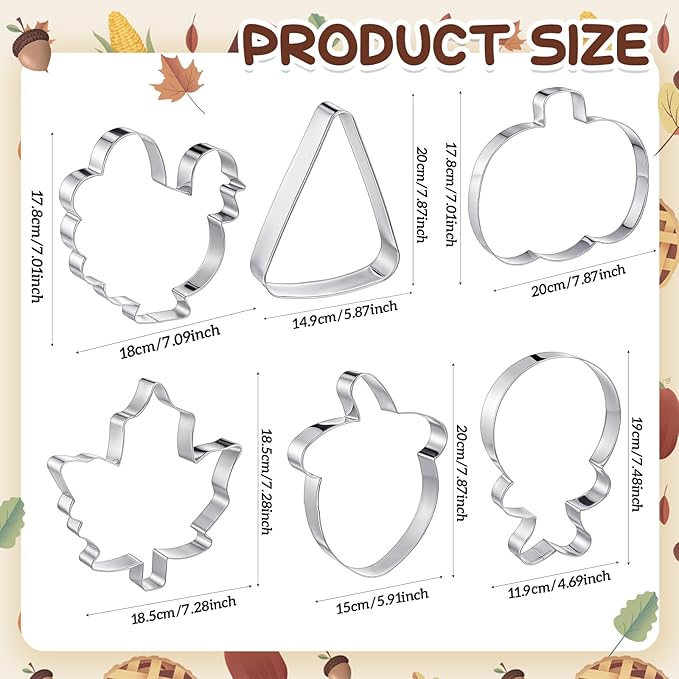 6 Pcs Large Thanksgiving Cookie Cutters 8" Fall Cookie Cutters Stainless Steel Metal Baking Molds for Holiday, Pumpkin, Leaves, Turkey, Chicken Legs, Acorn