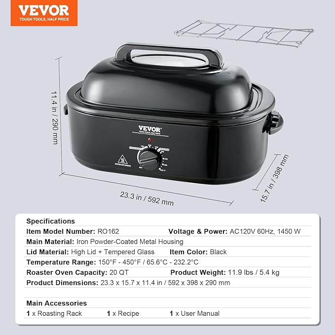 VEVOR Electric Roaster Oven, 20 QT Turkey Roaster with Self-Basting Lid, 1450W Roaster with Defrost & Warm Function, Adjustable Temperature, Removable Pan & Rack, Fits Turkeys Up to 24LBS
