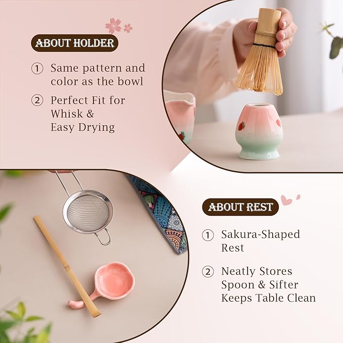 7 Pcs Matcha Whisk Set, Includes Heart Shaped Matcha Bowl with Spout, Holder And Rest, Bamboo Whisk And Scoop, Stainless Steel Sifter, Tea Towel. Complete Matcha Kit for Beginners And Gifts