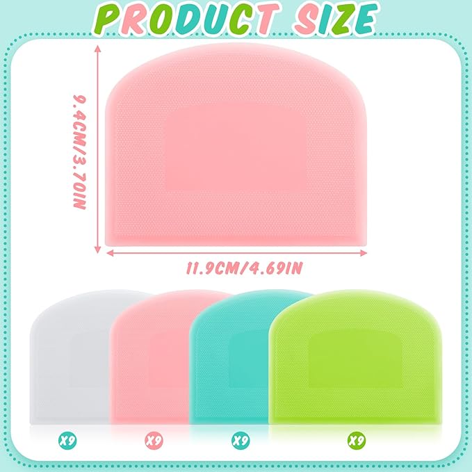 Thyle 36 Pcs Plastic Dough Scraper Set Bowl Multipurpose Dough Cutter Flexible Scraper Spatula for Kitchen Baking Tool Cake Bread Pizza Food Pastry Icing Fondant, White, Pink, Green and Blue