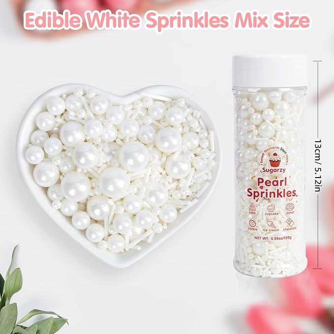 Christmas Edible White Sprinkles for Cake Decorating,Edible Pearl Jimmies Sugar Mix Size 130g/4.58oz,Baking Candy Decorations,Cupcake Toppers,Cookie Donuts Ice Cream Dessert Decorating,Wedding Birthday Party Valentines Christmas Supplies