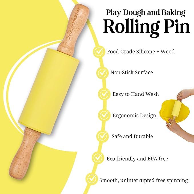 Small Rolling Pin for Kids, Non-Stick Silicone Surface with Wooden Handles for Play Dough and Baking Rolling Pin (Lemon Yellow)
