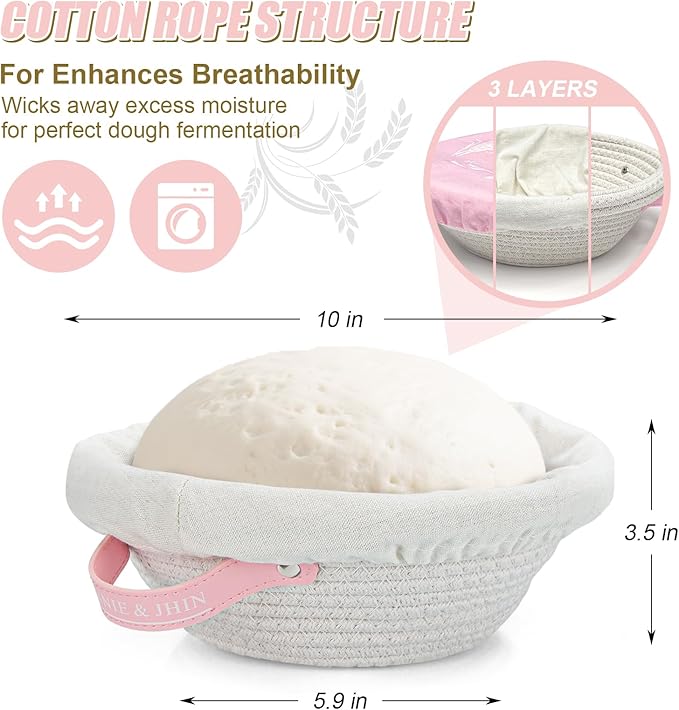 CINNIE&JHIN Pink Sourdough Starter Kit, Complete Baking Tools Set with Proofing Baskets, Pink Design Gifts for Women Bakers - Bread Making Supplies with Jar, Lame, Scraper, Bag & More