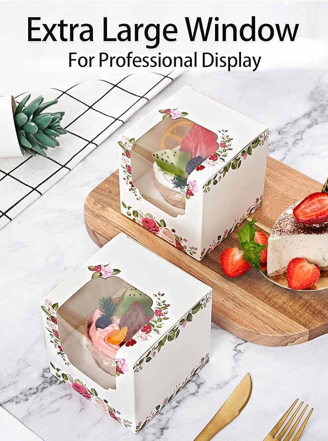 Happyhiram Cupcake Boxes 100 Pcs Bulk Roses Floral, Individual Holder with Window for Mother's Day Flower Mini Gift Boxes Botanical Leaves for Gift Ornament Packaging Women's Birthdays Weddings