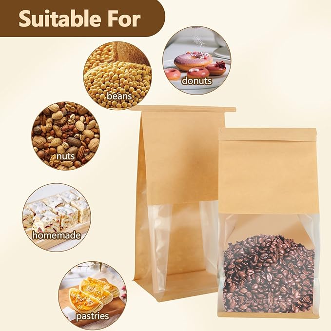 QTLCOHD 100 Pcs Bakery Bags with Window - 5.1 x 4.3 x 11 Inch Tin Tie Tab Lock Small Paper Bread Bags for Homemade Bread, Cookie, Pastry, Loaf, Treat Packaging, Brown