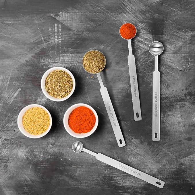 7 Inches Long Handle Measuring Spoons Set, Premium Stainless Steel Metal Spoon, Tablespoon & Teaspoon & Coffee Scoop, for Accurate Measure Liquid or Dry Ingredients, for Cooking Baking