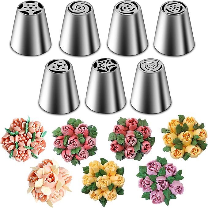 Suuker Russian Piping Tips Set, Stainless Steel Cupcake Flower Shaped Frosting Nozzle Kit, Kitchen Gadgets For Pastry Cupcakes Cakes Cookies Decorating (7 Pieces)