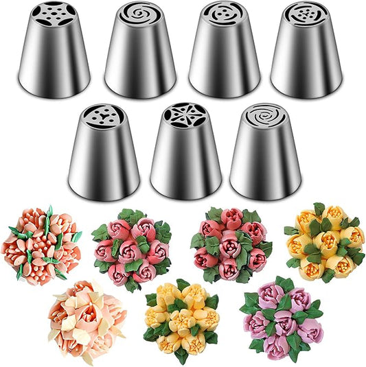 Suuker Russian Piping Tips Set, Stainless Steel Cupcake Flower Shaped Frosting Nozzle Kit, Kitchen Gadgets For Pastry Cupcakes Cakes Cookies Decorating (7 Pieces)