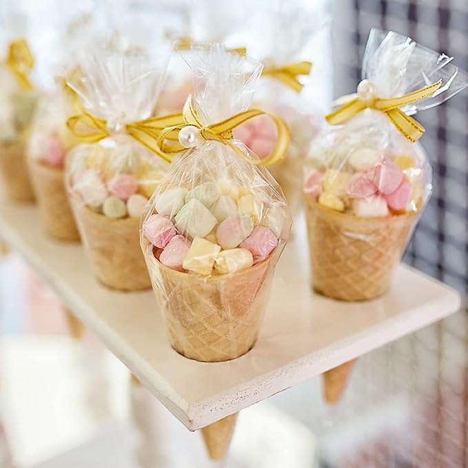 Morepack Cone Shaped Treat Bags, 6.3x11.8 Inches Clear Cone Shaped Cellophane Treat Bags, Triangle Plastic Bag for Popcorn Favor, Candy,100 Pieces