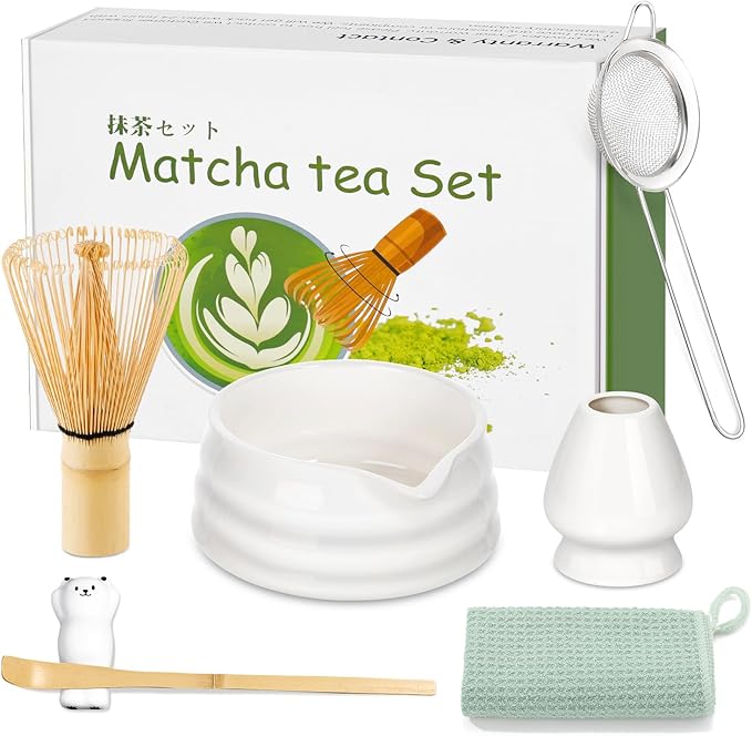 7 Pcs Matcha Whisk Set Macha Kit with Chawan Spout Bowl Bamboo Brush Chasen Holder Powder Starter Sifter Ceramic Japanese Making Matcha Tea Tool with Spoon and Tea Towel for Ceremony Gift (White)