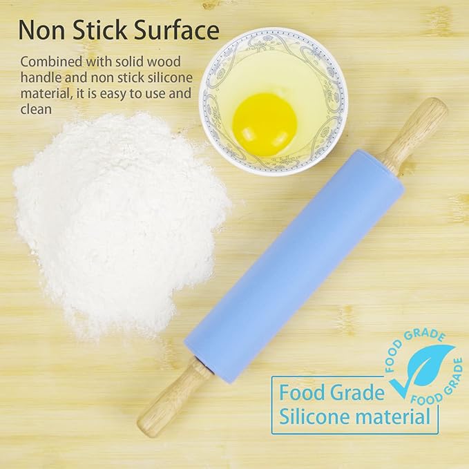 Silicone Rolling Pin for Baking Non-stick Rolling Pin Dough Roller Wooden Handle Kitchen Accessories Pastry Roller