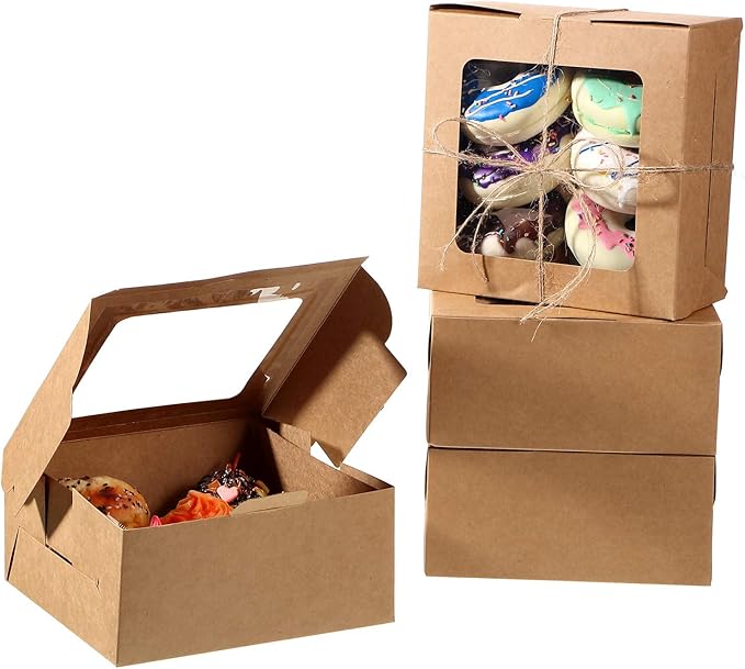 50 Pieces Bakery Box with Window Cookie Boxes Mini Kraft Boxes Gift for Pastries, Candy, Pie, Cupcakes, Soap Packaging for Homemade Soap (Brown,6.3 x 6.3 x 3 Inch)