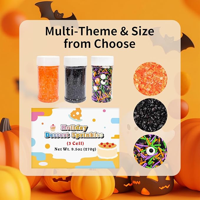 Cake Sprinkles Set for Halloween with Mix Bulk Sprinkles Orange Black Sugar Sanding and Candy Eyes for Baking Decorations, Cupcakes, Cookies - Spooky Party Supplies 3 Bottles (9.5oz)
