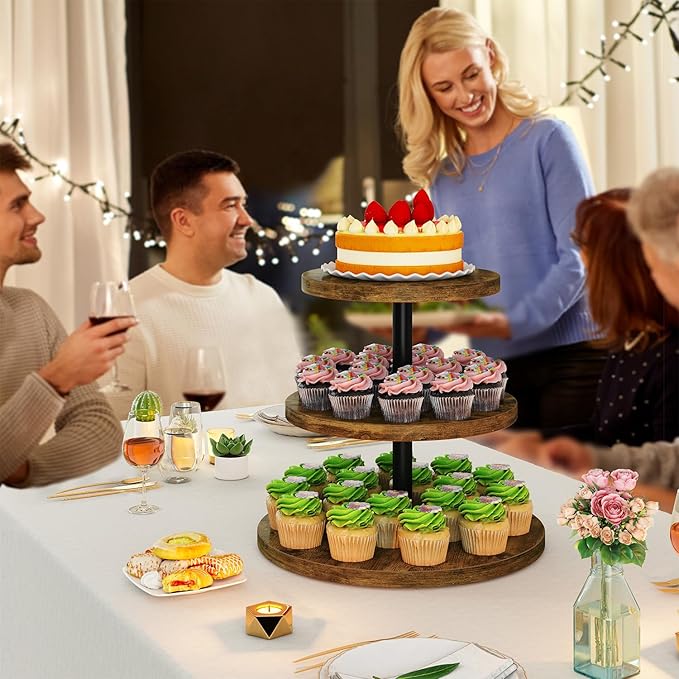 IBUYKE 3 Tier Cupcake Stand,Wood Durable Cupcake Tower,Round Serving Display Stand,Dessert Table Display Tree Tower for Birthday,Home Party, Wedding, Baby Shower,Rustic Brown UTLJ017H