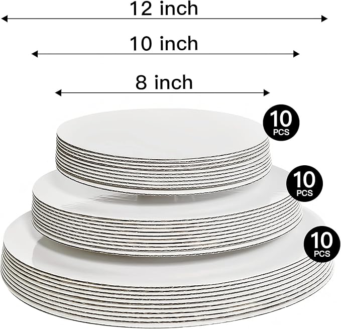 ONEMORE 30-Pack White Cake Board Rounds,Circle Cardboard Base Boards, 8, 10 and 12-Inch. Perfect for Cake Decorating, 10 of Each Size (White,30)
