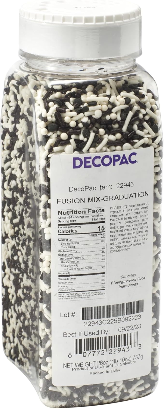 DecoPac Graduation Fusion Mix Candy Sprinkles, 26oz, Fancy Sprinkles in Handheld Container, Edible Black And White Sprinkles For Celebration Cakes, Cupcakes, Cookies and Donuts