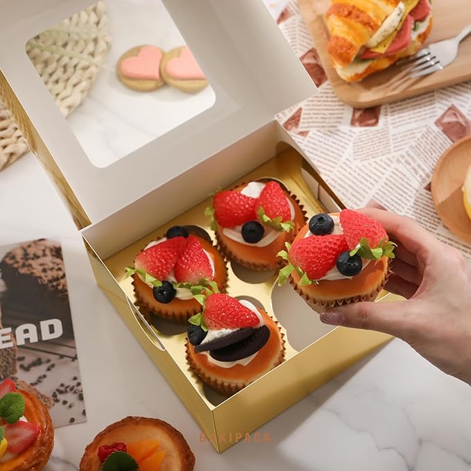 25 Gold Cupcake Boxes, 4 Count Cupcake Containers with Window and Inserts, 6.3×6.3×3 Inches Cupcake Holders for Cupcakes, Muffins, Cookies, Desserts, Pastries