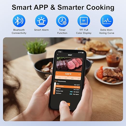 Wireless Bluetooth Meat Thermometer - 2 Probes & App Control, Christmas Birthday Gifts for Men, Smart Digital Thermometer for Cooking, Oven, Smoker, BBQ, Grill