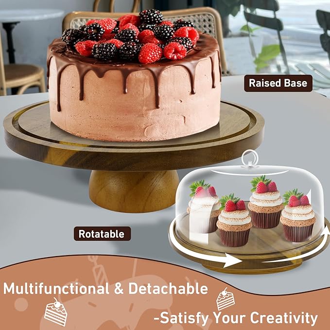 Set of 2 Acacia Wood Cake Stand with Acrylic Lid, 11.81'' Cake Plates and 9.84'' Rotating Cake Holder for Party, Wedding