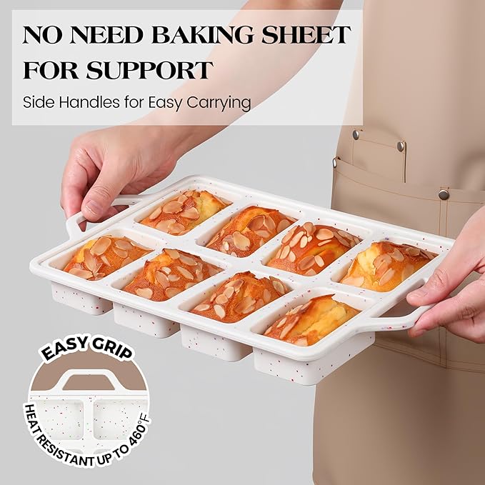 2 Pcs Mini Loaf Pans with Metal Reinforced Frame, Nonstick Small Silicone Bread Pans for Baking, 8 Cavity Tiny Meatloaf Pan (Cream)