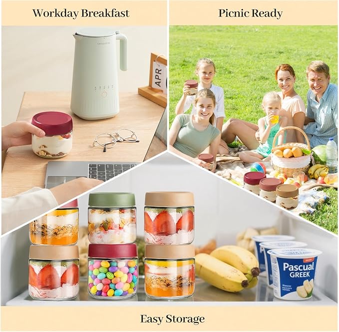 12-Pack Overnight Oats Containers with Lids, 10oz Glass Jars with Airtight Lids, Wide Mouth Mason Jars,Salad & Yogurt Storage, Snacks, Sugar-Reusable