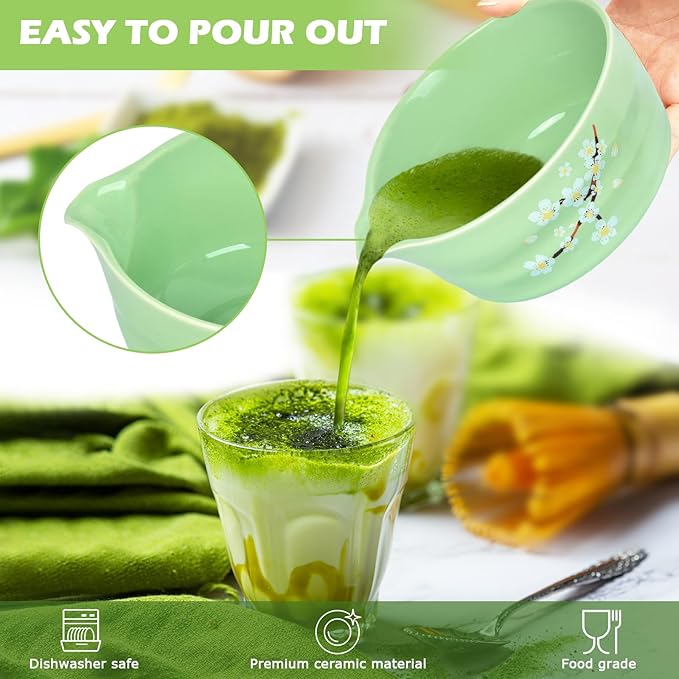 Matcha Whisk Set, 7 Pcs Ceramic MatchaSet with Matcha Bowl, Matcha Whisk and Holder, Bamboo Scoop, Scoop Rest, Sifter and Tea Towel (Green)