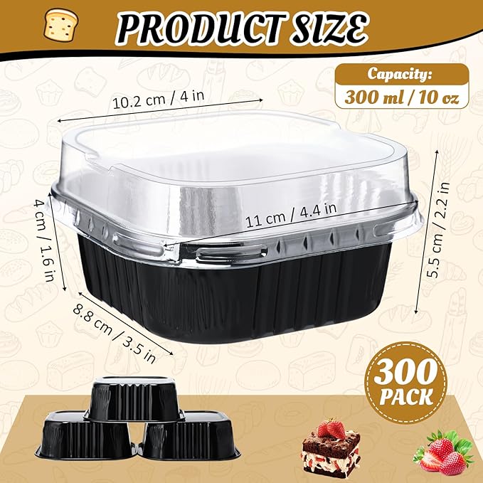 Aoriher 300 Pieces 10 oz Mini Cake Pans with Lids, Aluminum Foil Baking Cups, Square Disposable Cupcake Cups Baking Tins for Wedding Birthday Party Supplies(Black, Silver)