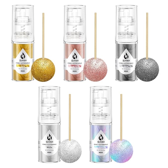 Edible Glitter Spray Set - 5 Colors Iridescent Gold, Silver, White & Rose Gold Food Grade Shimmer Powder, Metallic Edible Spray Glitter for Cakes, Cookies, Chocolate & Strawberries, 5g/Bottle