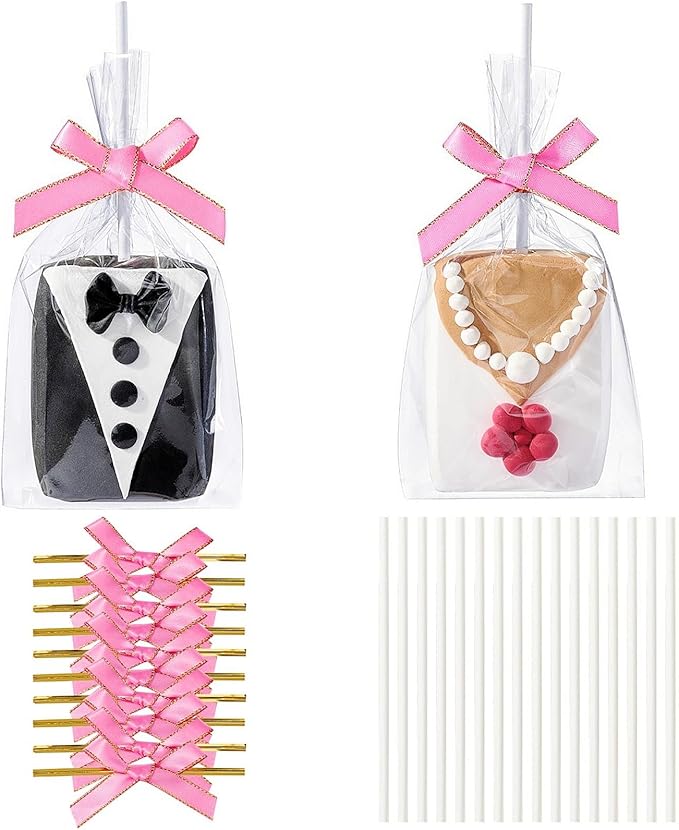 RomanticBaking 50 Sets Clear Rice Krispie Treat Bags with Pink Ribbon Bow and Stick & Flat Cellophane Clear Bags for Rice Krispie Treats Gift Giving Bag(Pink)