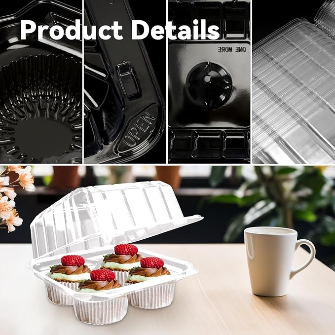 40 Pack 4-Compartment Cupcake Containers, Clear Plastic Cupcake Boxes, 4-Cavity Cupcake Holders with Deep Dome for Bakery Muffin