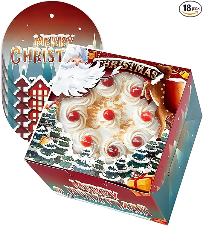 qiqee Christmas 8x8x5 Cake Box, 18 Sets Christmas Cake Box with Window ＆ 18 Sets 8" Christmas Snow House Cake Round Boards, 8inch Cake Containers