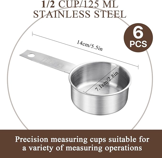 6 pcs 1/2 Cup Measuring Cup, Stainless Steel Measuring Cups, 125 ml | 125 cc | 4 oz | Engraved Marking Single Measuring Scoops, Metal Measuring Cup for Kitchen Baking & Cooking