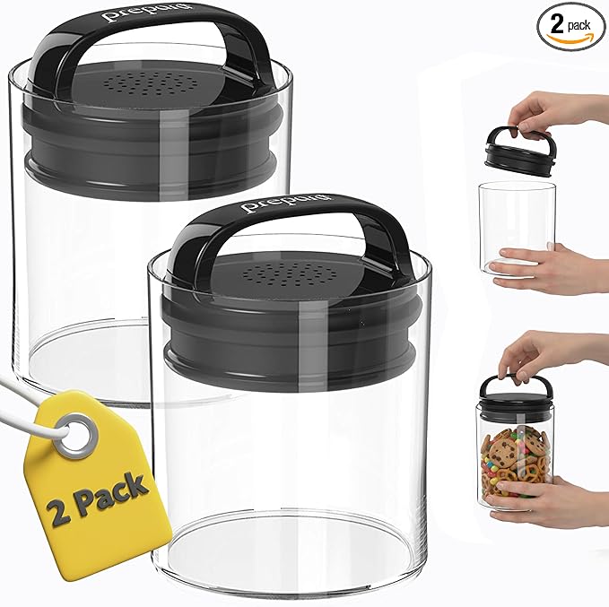 Prepara Evak Fresh Saver Short Airtight Containers, Medium - Black Handle with Patented Twin-Valve System, BPA Free Stackable Storage Canisters for Pantry Organization - Dishwasher Safe (2-Pack)