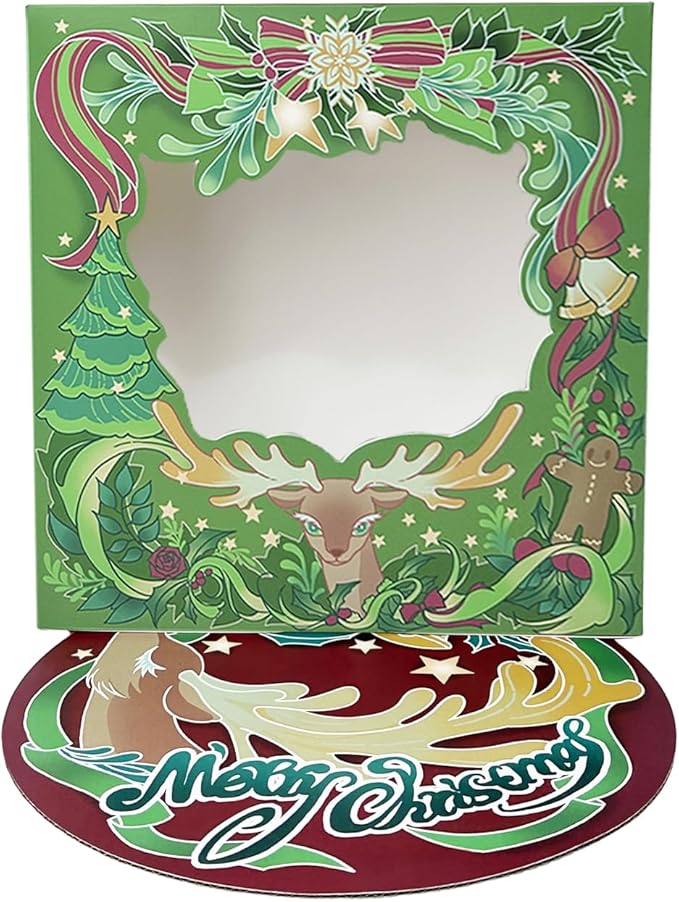 Bakepacker Christmas Cake Boxes with Window Green Deer 10x10x5 Bakery Box for Xmas Party Supply Cake Carrier Containers (4 Cake Boxes +4 Cake Boards Included)