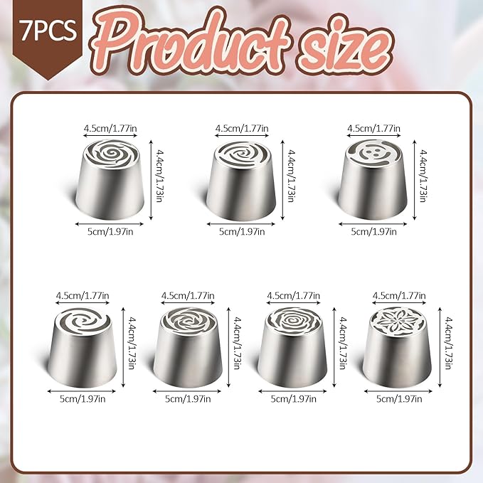 7 Pieces Extra Large Russian Piping Tips, Stainless Steel Icing Frosting Flower Piping Tips, Floral Cake Decorating Nozzle for Cookie Pastry Frosting Cream Baking Cupcake
