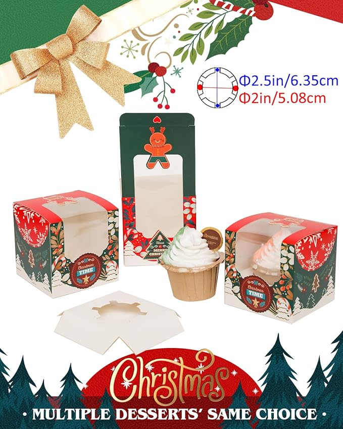qiqee Christmas Cupcake Boxes 60pcs 3.5x 3.5x3.5 inch Auto-Popup Single Cupcake Container for Christmas(60 Boxes+60 Inserts)