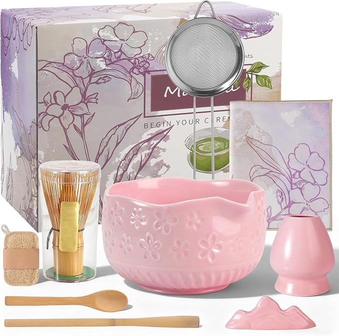 Matcha Set, 9 Pcs Ceramic Matcha Set Includes Bowl, Whisk and Holder, Bamboo Scoop, Scoop Rest, Sifter and Tea Towel ect- Complete Kit for Traditional Matcha, Modern Lattes (Pink)